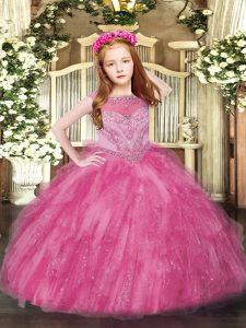  Hot Pink Sleeveless Beading and Ruffles Floor Length Little Girl Pageant Gowns