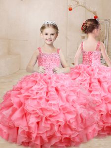  Floor Length Ball Gowns Sleeveless Watermelon Red Womens Party Dresses Lace Up