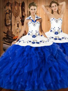 Excellent Floor Length Blue And White Quinceanera Gowns Halter Top Sleeveless Lace Up