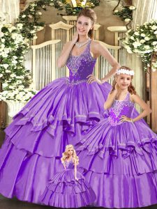 Suitable Lilac Sleeveless Beading and Ruffled Layers Floor Length Quinceanera Gown