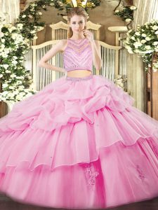  Floor Length Zipper Vestidos de Quinceanera Rose Pink for Military Ball and Sweet 16 and Quinceanera with Beading and Ruffles