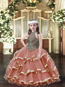  Sleeveless Floor Length Beading and Ruffled Layers Lace Up Juniors Party Dress with Rust Red