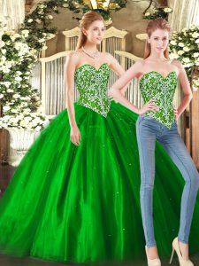  Green Tulle Lace Up Sweetheart Sleeveless Floor Length Sweet 16 Dress Beading