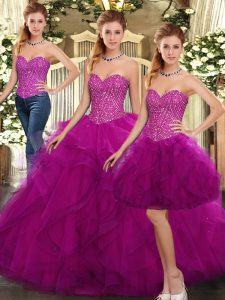 Amazing Beading and Ruffles Sweet 16 Quinceanera Dress Fuchsia Lace Up Sleeveless Floor Length