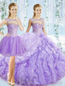 Nice Sweetheart Sleeveless Organza Quince Ball Gowns Beading and Ruching and Pick Ups Brush Train Lace Up