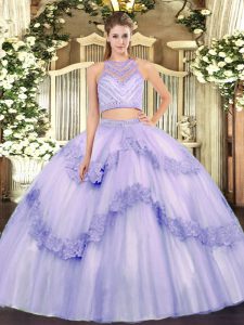 Flirting Two Pieces Quinceanera Dresses Lavender Scoop Tulle Sleeveless Floor Length Zipper
