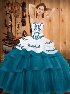 Customized Lace Up Quinceanera Gown Teal for Military Ball and Sweet 16 and Quinceanera with Embroidery and Ruffled Layers Sweep Train