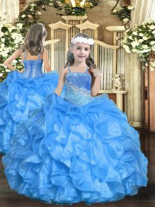 Charming Sleeveless Organza Floor Length Lace Up Kids Formal Wear in Baby Blue with Beading and Ruffled Layers