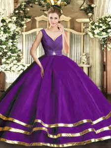 Modern Purple Tulle Backless 15 Quinceanera Dress Sleeveless Floor Length Ruffled Layers
