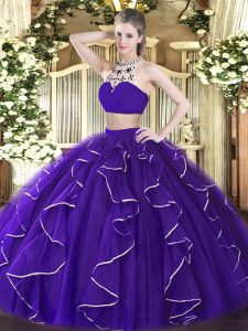  Purple Two Pieces High-neck Sleeveless Tulle Floor Length Backless Beading and Ruffles Quince Ball Gowns