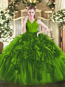  Olive Green Sleeveless Ruffles Floor Length 15th Birthday Dress
