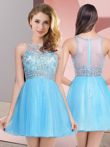 Latest Baby Blue Zipper Dress for Prom Beading Sleeveless Mini Length