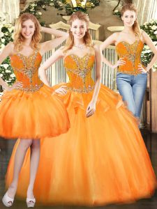 Exquisite Orange Red Three Pieces Beading and Ruffles Quinceanera Dress Lace Up Organza Sleeveless Floor Length