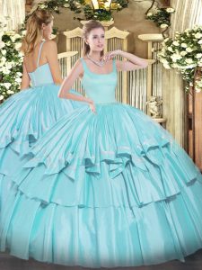 Modest Sleeveless Floor Length Beading and Ruffled Layers Zipper Quinceanera Gowns with Aqua Blue