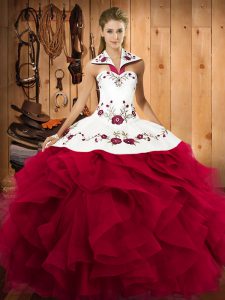  Red Tulle Lace Up Halter Top Sleeveless Floor Length Quince Ball Gowns Embroidery and Ruffles