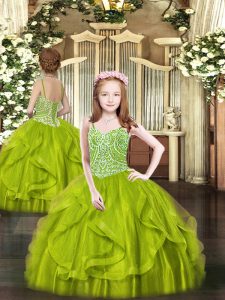  Ball Gowns Little Girl Pageant Dress Olive Green Spaghetti Straps Tulle Sleeveless Floor Length Lace Up