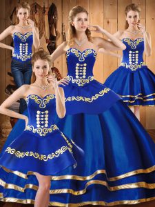 Luxury Floor Length Lace Up Quinceanera Gown Blue for Military Ball and Sweet 16 and Quinceanera with Embroidery