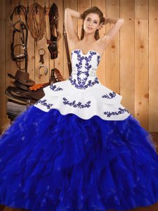 Cute Blue And White Ball Gowns Embroidery and Ruffles Sweet 16 Dress Lace Up Satin and Organza Sleeveless Floor Length