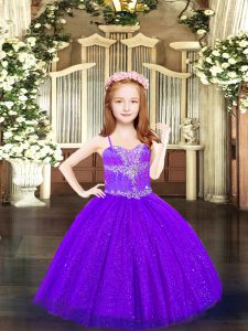  Purple Spaghetti Straps Lace Up Beading Party Dress for Toddlers Sleeveless