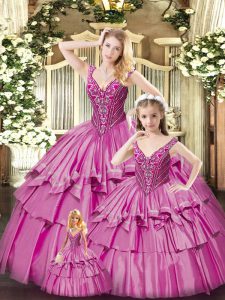 Custom Designed Floor Length Fuchsia Ball Gown Prom Dress Organza Sleeveless Beading and Ruffled Layers