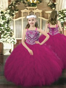 Dazzling Fuchsia Lace Up Party Dress Beading and Ruffles Sleeveless Floor Length