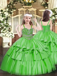  Green Organza Lace Up Straps Sleeveless Floor Length Party Dress for Toddlers Beading and Ruffled Layers