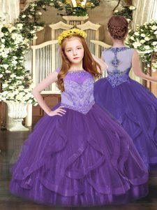  Purple Little Girls Pageant Dress Party and Quinceanera with Beading and Ruffles Scoop Sleeveless Zipper