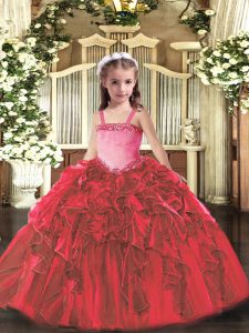 Customized Ball Gowns Kids Formal Wear Red Straps Organza Sleeveless Floor Length Lace Up