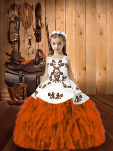  Floor Length Orange Red Little Girls Pageant Gowns Straps Sleeveless Lace Up