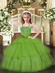  Green Little Girl Pageant Dress Party and Quinceanera with Beading and Ruffled Layers Straps Sleeveless Lace Up