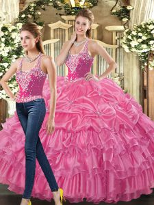 Classical Straps Sleeveless Tulle Sweet 16 Dresses Beading and Ruffles and Pick Ups Lace Up