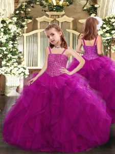 Wonderful Beading and Ruffles Little Girls Pageant Dress Wholesale Fuchsia Lace Up Sleeveless Floor Length