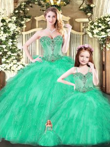 Fantastic Turquoise Ball Gowns Sweetheart Sleeveless Tulle Floor Length Lace Up Beading and Ruffles Quinceanera Gown