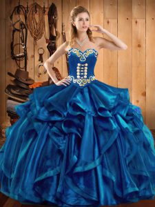  Blue Organza Lace Up Sweetheart Sleeveless Floor Length Vestidos de Quinceanera Embroidery and Ruffles