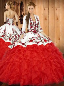  Red Sleeveless Embroidery and Ruffles Floor Length Quinceanera Dress
