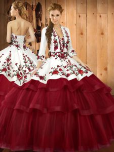 High End Lace Up Sweet 16 Quinceanera Dress Wine Red for Military Ball and Sweet 16 and Quinceanera with Embroidery Sweep Train