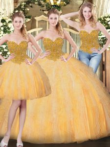 Low Price Gold Lace Up Ball Gown Prom Dress Beading and Ruffles Sleeveless Floor Length