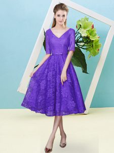 Pretty Purple Empire Lace V-neck Half Sleeves Bowknot Tea Length Lace Up Damas Dress