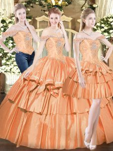 Delicate Orange Red Three Pieces Off The Shoulder Sleeveless Organza Floor Length Lace Up Beading and Ruffled Layers Vestidos de Quinceanera