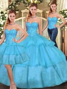  Aqua Blue Sleeveless Floor Length Beading and Ruffled Layers Lace Up Ball Gown Prom Dress