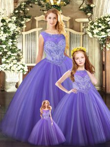 Affordable Sleeveless Tulle Floor Length Lace Up 15th Birthday Dress in Lavender with Beading