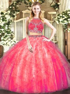Lovely Sleeveless Floor Length Beading and Ruffles Zipper Quinceanera Gown with Coral Red