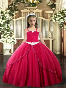  Straps Sleeveless Sweep Train Lace Up Kids Pageant Dress Coral Red Tulle