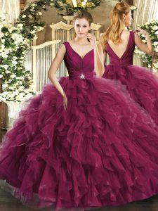 Flare Burgundy Ball Gowns Beading and Ruffles Quince Ball Gowns Backless Tulle Sleeveless Floor Length