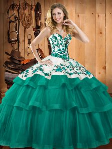 Glamorous Turquoise Sweetheart Neckline Embroidery Quince Ball Gowns Sleeveless Lace Up
