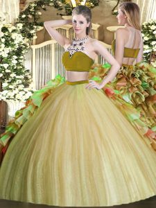  Beading and Ruffles 15 Quinceanera Dress Olive Green Backless Sleeveless Floor Length