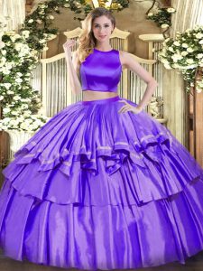 Romantic High-neck Sleeveless Sweet 16 Dress Floor Length Ruffled Layers Purple Tulle