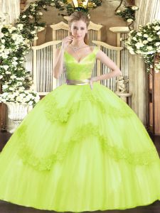  Sleeveless Tulle Floor Length Zipper Quinceanera Gowns in Yellow Green with Beading and Appliques