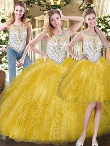 High End Yellow Sleeveless Organza Zipper Quinceanera Gown for Military Ball and Sweet 16