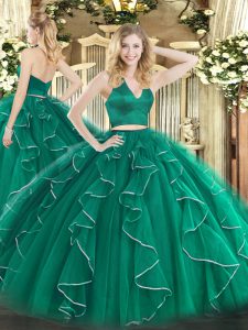  Dark Green Sleeveless Organza Zipper Sweet 16 Quinceanera Dress for Military Ball and Sweet 16 and Quinceanera